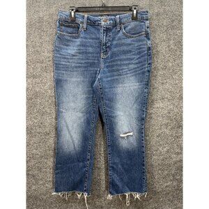 J Crew Mid Rise Flare Crop Jeans Womens 29 Blue Denim Raw Hem Distressed BI381